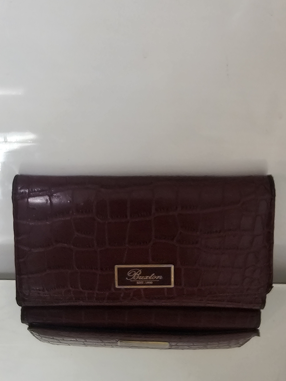 Buxton Croc-Embossed Plum Wallet with Gold-Tone Plaque